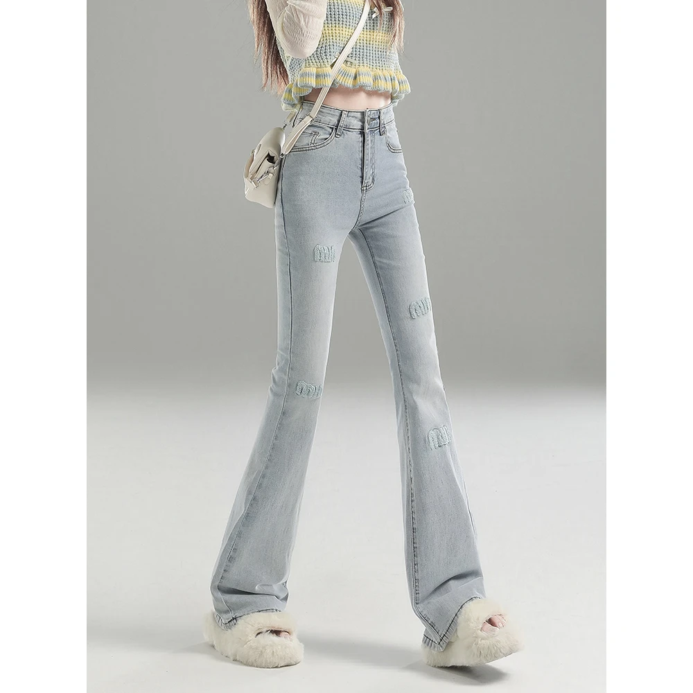 浅色高腰加绒刺绣微喇牛仔裤修身长裤子显瘦新款秋冬拖地微喇叭裤