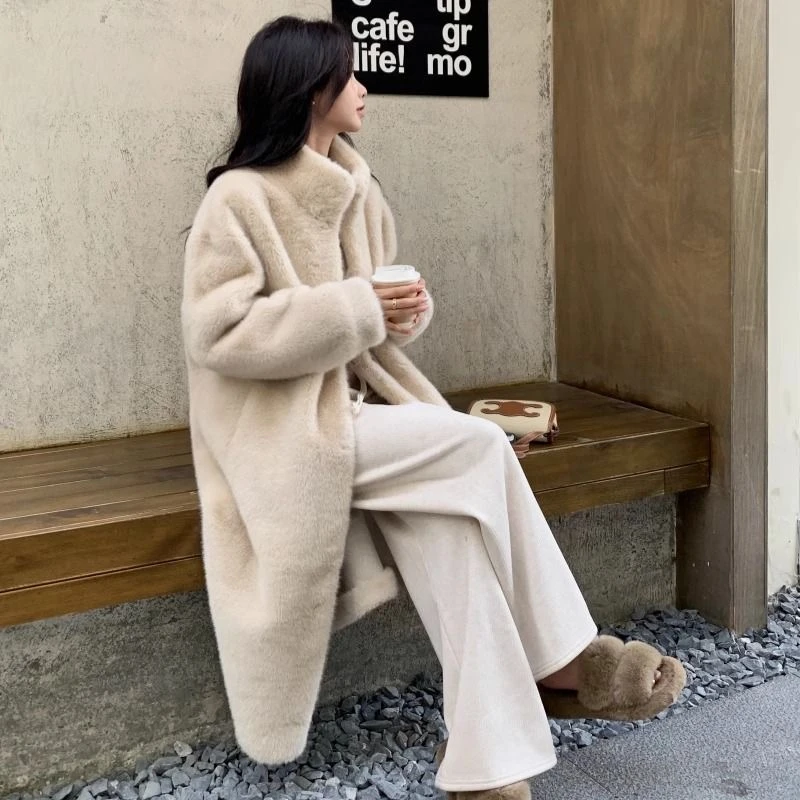 秋冬季欧貂绒大衣女仿水貂毛外套宽松韩版加厚保暖中长款立领慵懒