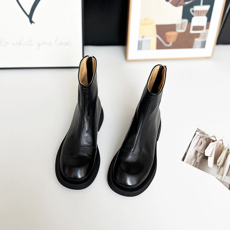 [XL629]3CM牛皮短靴女秋冬时装靴真皮圆头短筒马丁靴厚底粗跟[