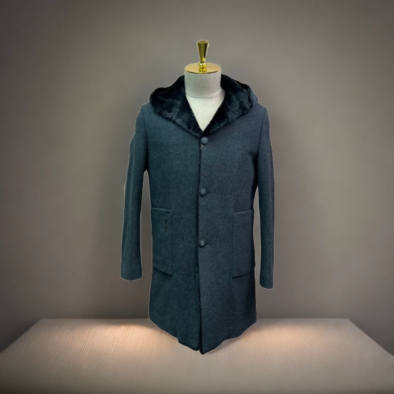 【定制系列毛呢半大衣】(100%绵羊毛)帽款毛呢羽绒半大衣