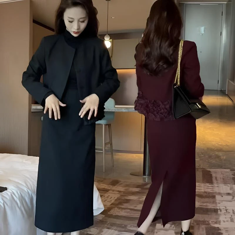 网红同款秋季安可拉红套装女高级感精致木耳边短西服半裙两件套装