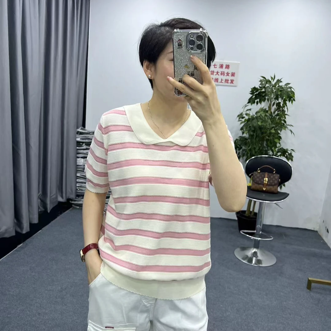 【丽丽家】夏季娃娃领减龄条纹显瘦针织衫9051