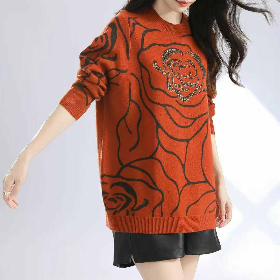 【丽丽家】冬季圆领玫瑰花亮钻气质显瘦羊毛衫7812