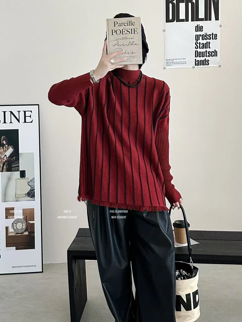 【丽丽家】冬季时尚宽条纹流苏显瘦羊毛衫2211