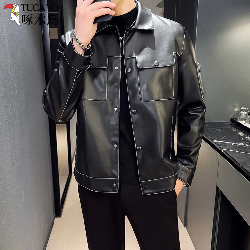 TUCANO/啄木鳥皮衣外套男士秋季中青年休闲PU皮夹克翻领上衣服潮