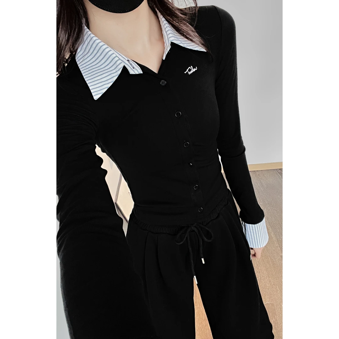 夏春茶辣妹撞色拼接polo领长袖开衫秋冬新款小众内搭性感纯欲风