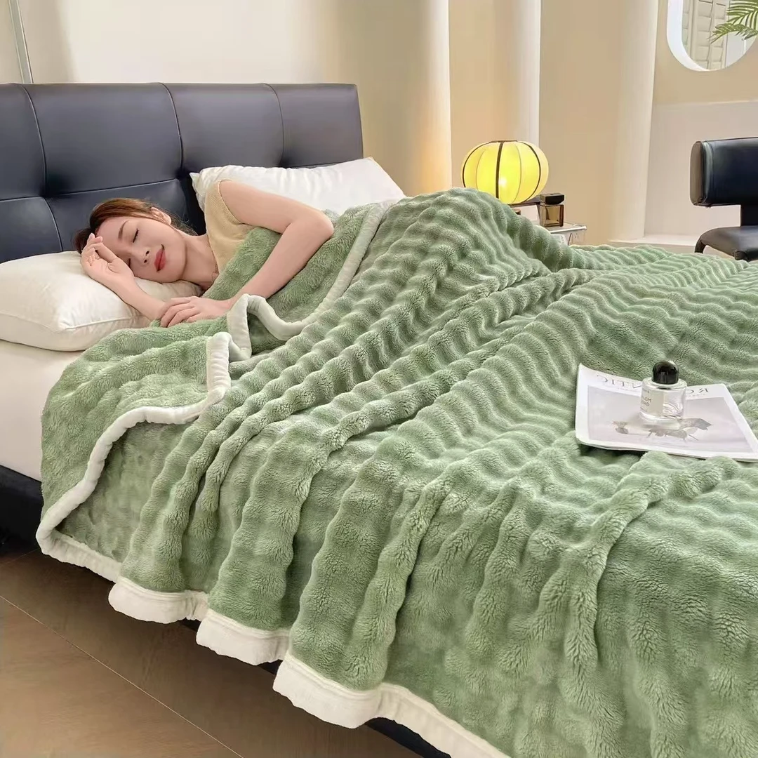 加厚冬季双面毛毯兔兔绒泡泡绒多功能毛毯盖毯午睡毯子