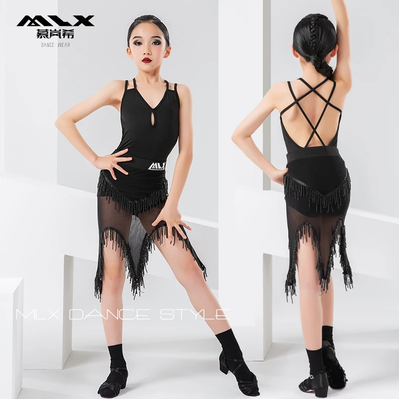 慕岚希8163新款拉丁舞女童连体上衣练功服专业国标舞儿童美背吊带