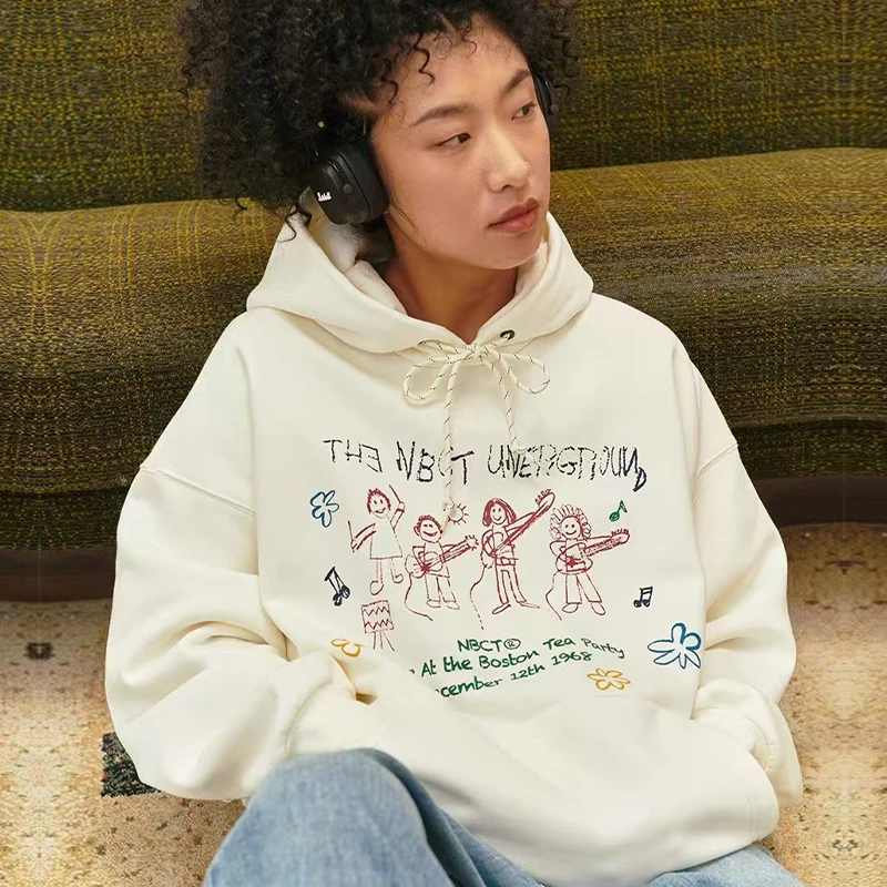 加绒美式复古连帽卫衣女2024秋冬新品情侣款图案印花帽衫休闲外套