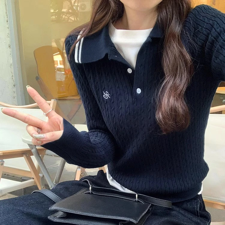 2024秋冬新品慵懒风刺绣麻花针织衫女POLO领高级感显瘦百搭长袖潮