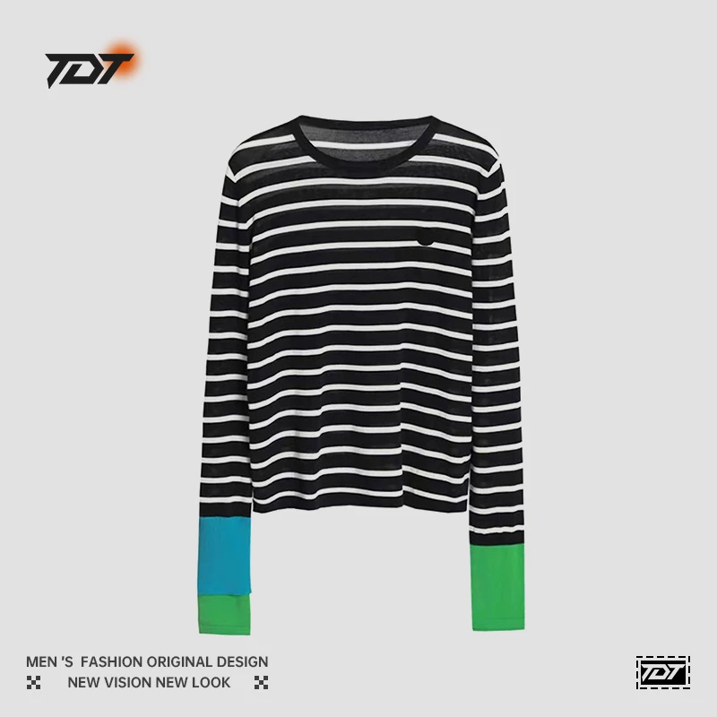 时尚不对称袖条纹拼色经典长袖针织衫2025秋季新款圆领打底线衣潮