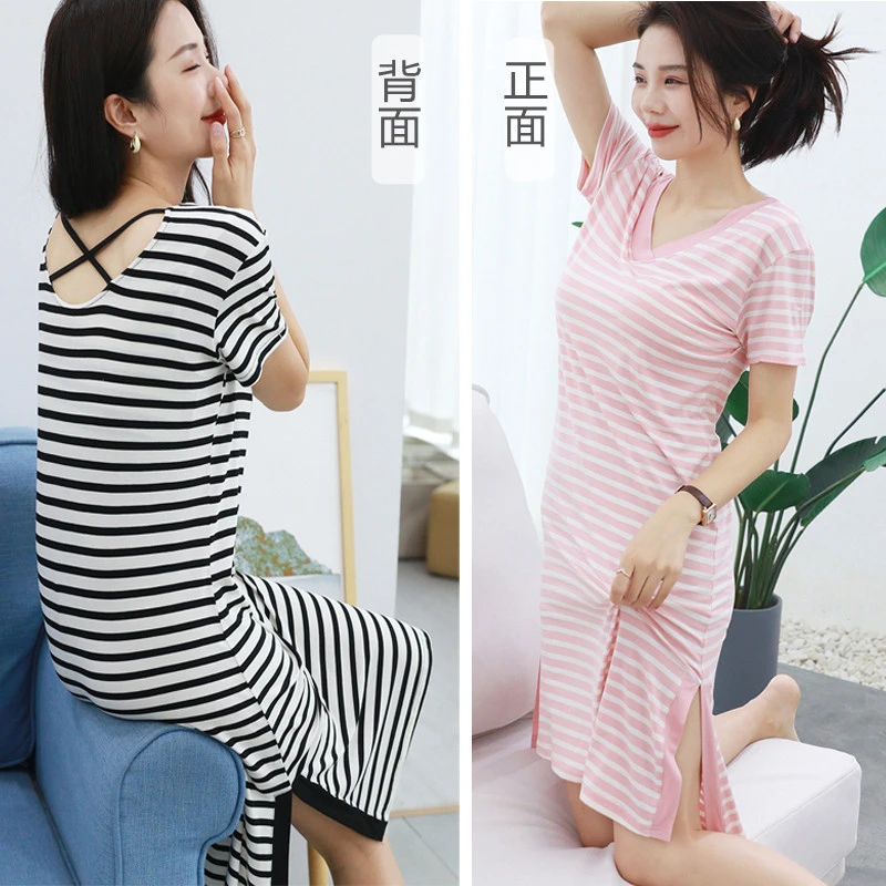 2024夏季新品睡裙女莫代尔带胸垫条纹中长裙宽松大码家居服可外穿