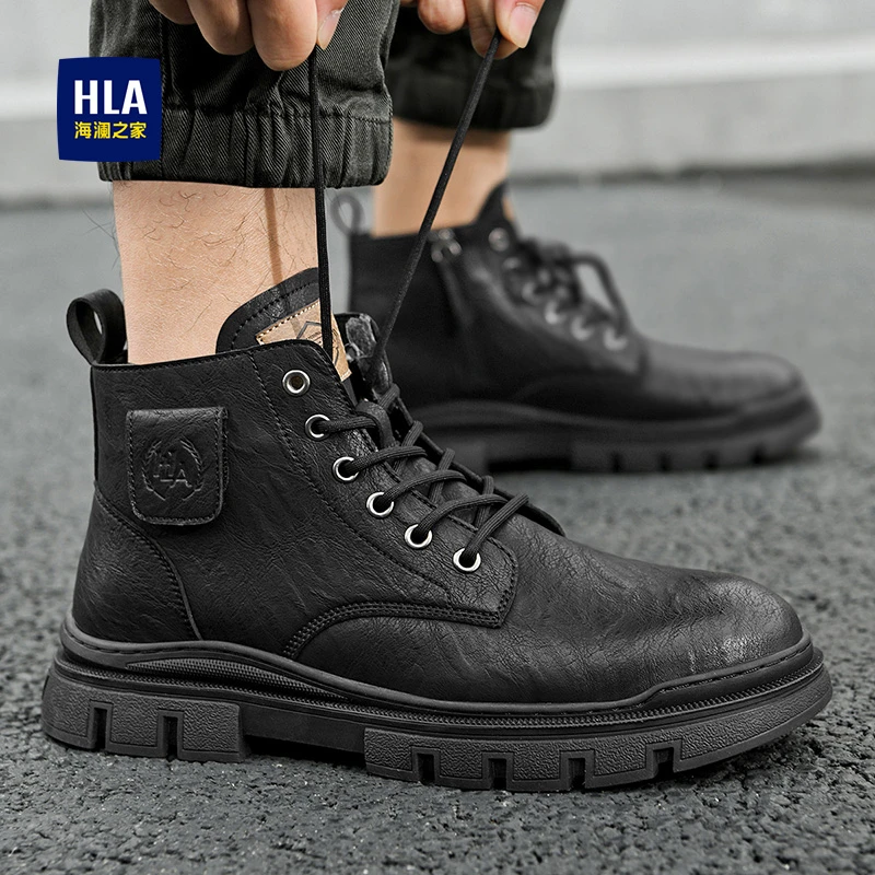 海澜之家男鞋工装马丁靴男春季款2024新款英伦风增高男士高帮皮鞋