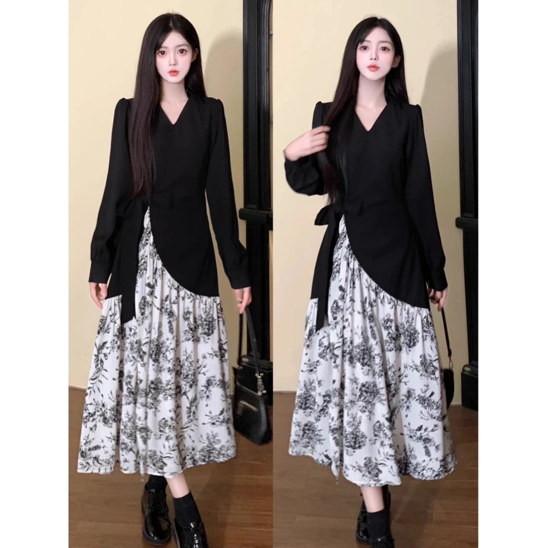 yuan＆yuan特大码定制~【黑白配】300斤女装胖mm显瘦遮肉秋连衣裙
