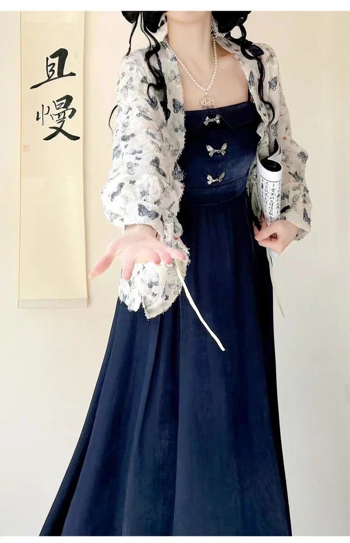 【蝴蝶图鉴】特大码女装胖mm短款马面裙汉服新中式国风蝴蝶两件套