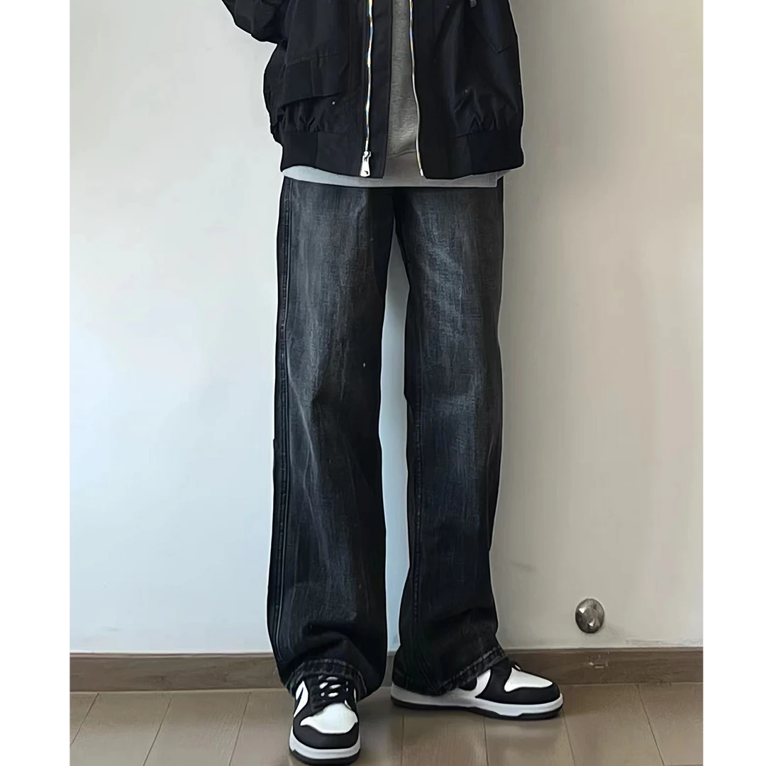 春夏美式复古黑色宽松直筒阔腿长裤潮流高街潮牌街头百搭牛仔裤男