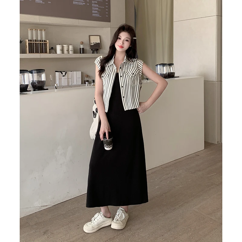 2793夏季新款胖妹妹大码女装飞飞袖条纹短衬衣+背心裙两件套