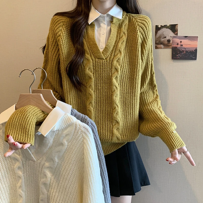 12371秋冬新款胖妹妹大码女装显瘦韩系假两件polo领毛衣针织衫