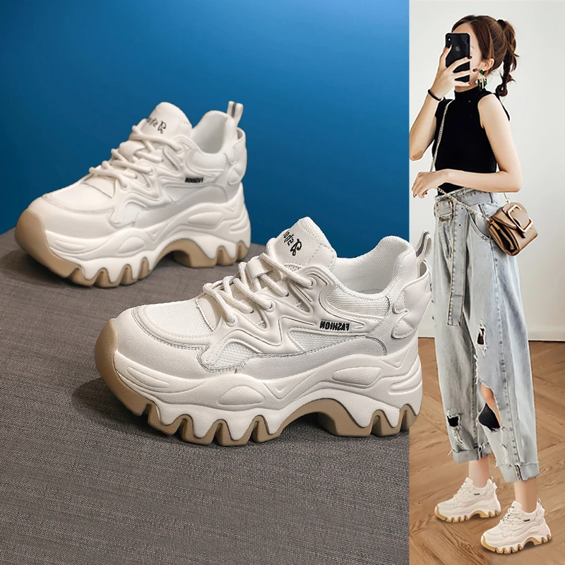 艾格鸟内增高9cm老爹鞋女2023秋新款拼色百搭厚底休闲女鞋子