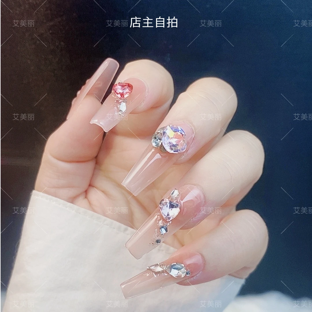 水仙蝴蝶手工穿戴甲长款星光粉K9红心钻立体浮雕碎钻蝴蝶美甲贴片