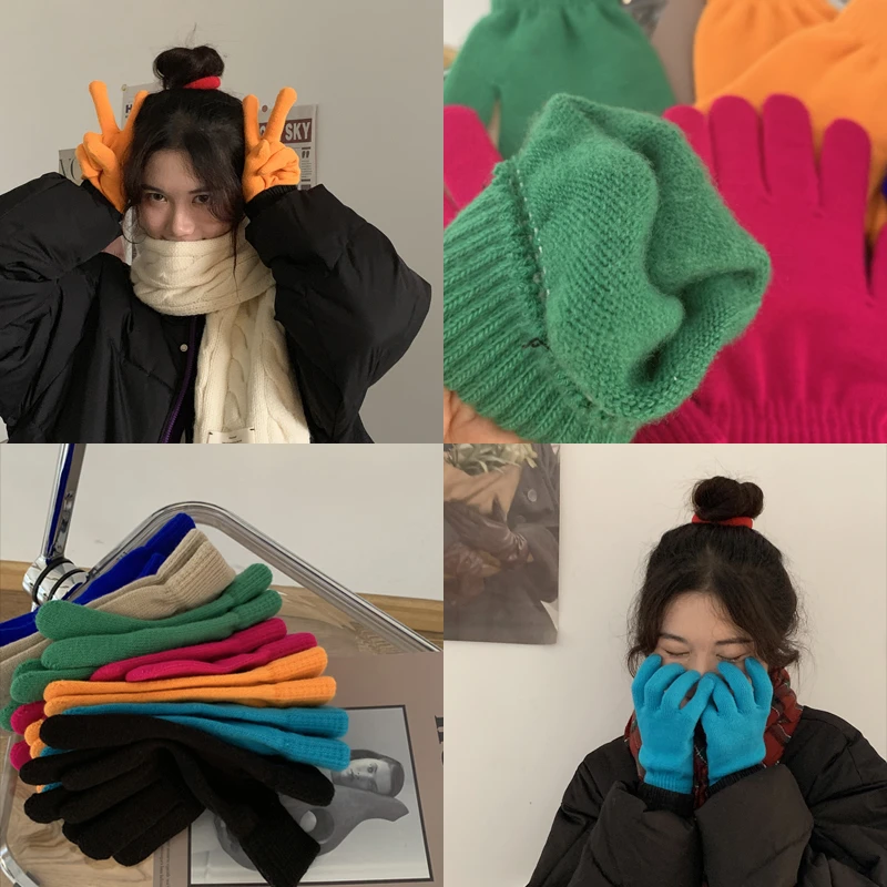 【尤里专属】款秋冬手套女甜美光板针织手套保暖防寒手套