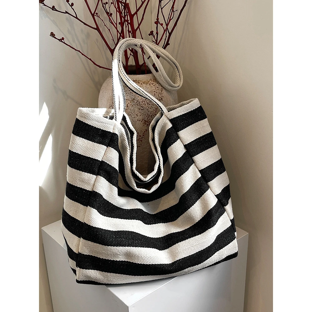 韩国ins慵懒风条纹帆布包文艺撞色托特包大容量单肩包购物袋大包