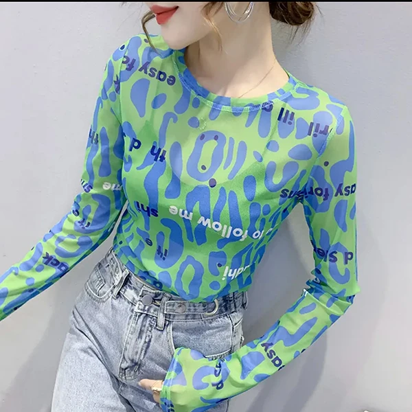 新款薄款网纱透气防晒打底衫印花长袖t恤女水溶长袖洋气韩版性感