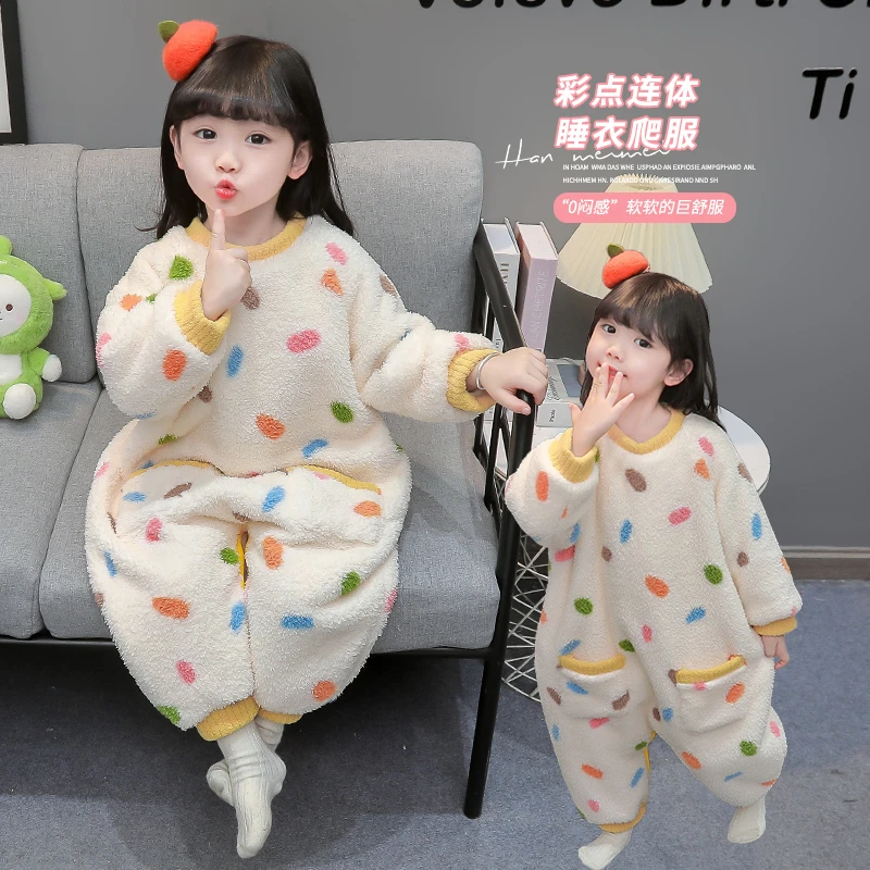 儿童连体睡衣秋冬珊瑚绒双层加绒加厚宝宝防踢睡袋女童法兰绒爬服