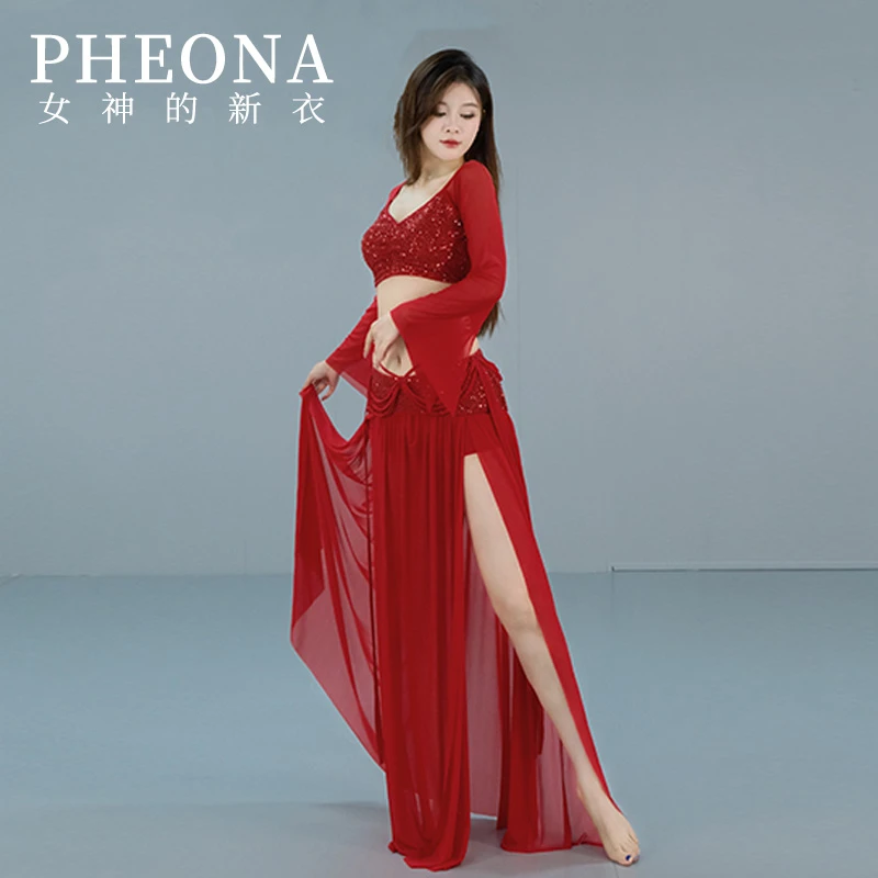 PHEONA2024新款东方舞网纱亮片练功班服套装肚皮舞练功服T030