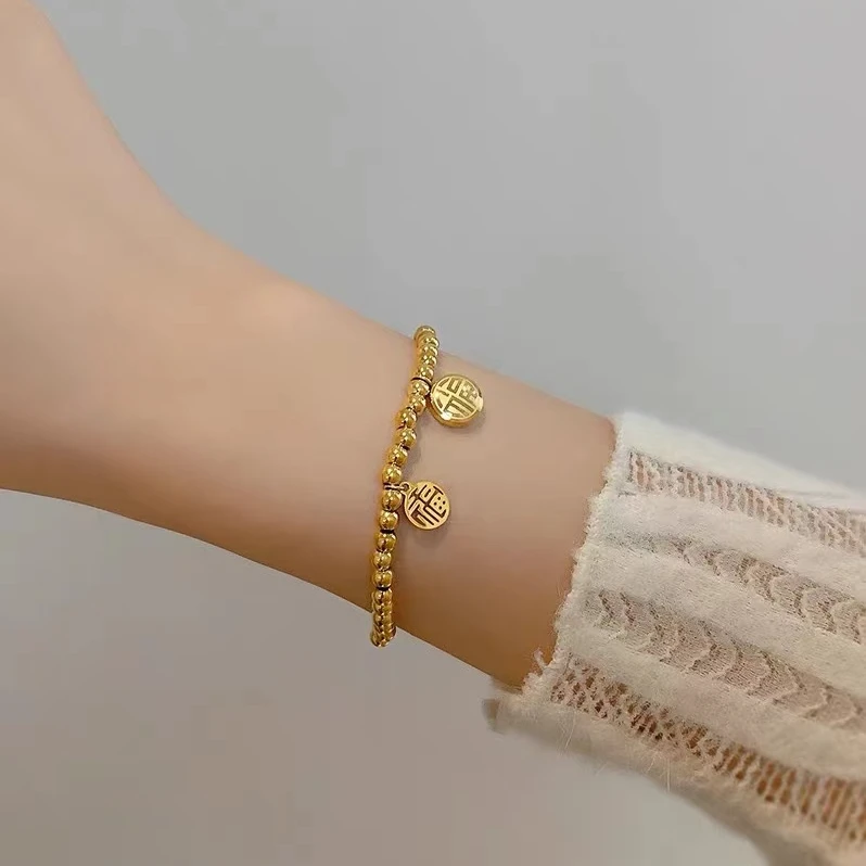 钛钢手链 6083 珠珠福字牌弹力绳手串