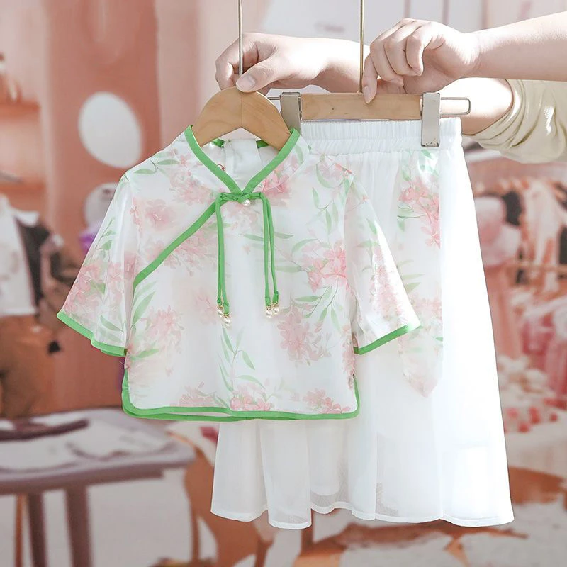 女童套装夏新款夏季汉服两中式件套半身裙薄款儿童中国风复古裙子