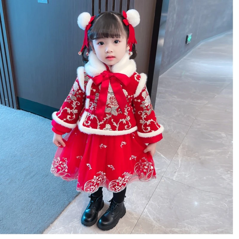 小童宝宝加绒拜年服女童冬装新款中国风秋冬季红色新年装女孩洋气