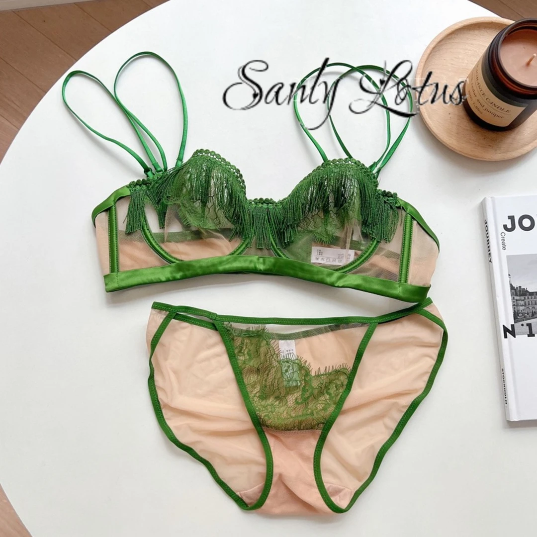 高奢~质感流苏半杯内衣女超薄杯显小透明网纱性感蕾丝文胸罩背心