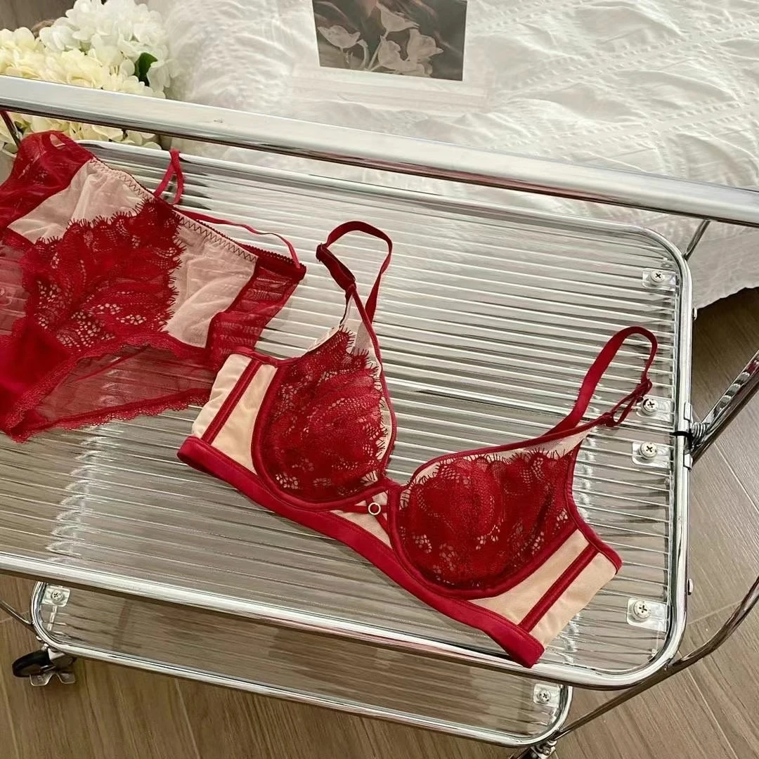 本命年超薄全罩杯性感内衣女聚拢大胸显小背心红色结婚软钢圈蕾丝