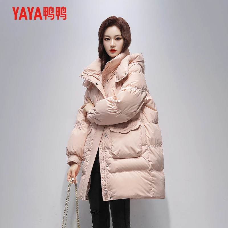 YAYA/鸭鸭羽绒服女中长款2024年女装新款韩版时尚连帽保暖外套女