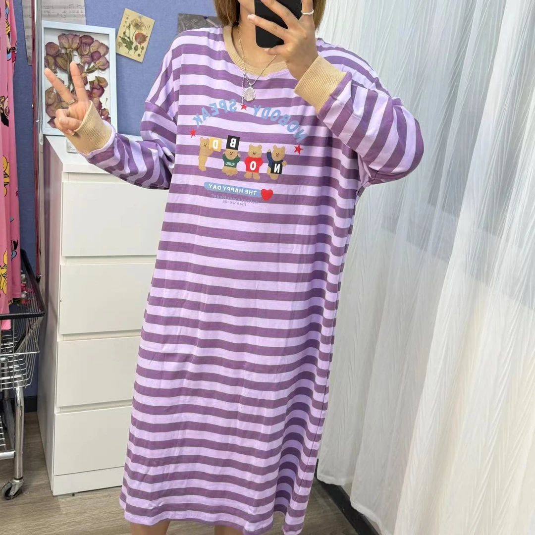 早秋女士休闲中长款长袖ins卡通印花睡裙百搭韩版裙100-180斤