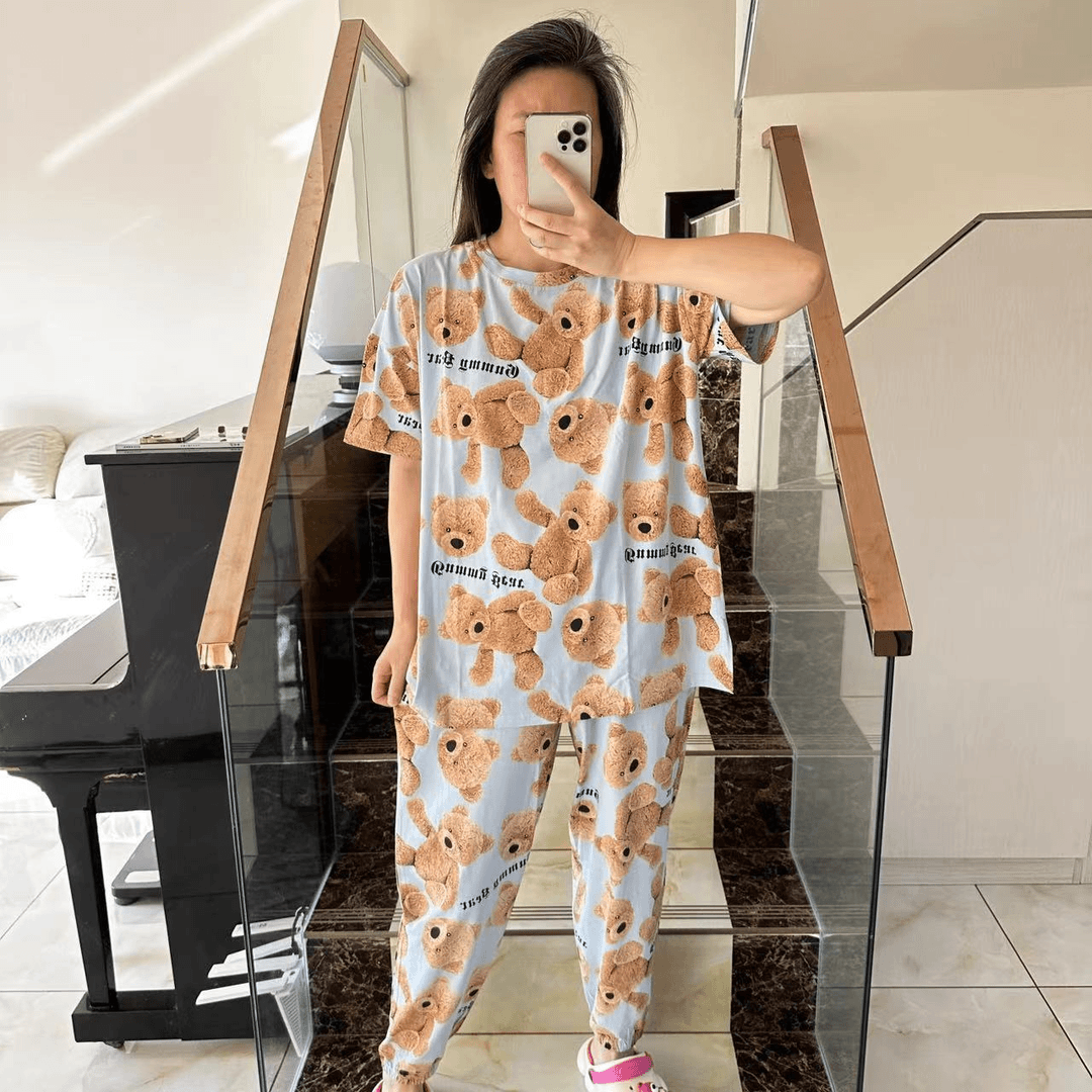 新款纯棉女士舒适时尚大码短袖长裤睡衣套装圆领休闲印花韩版多熊