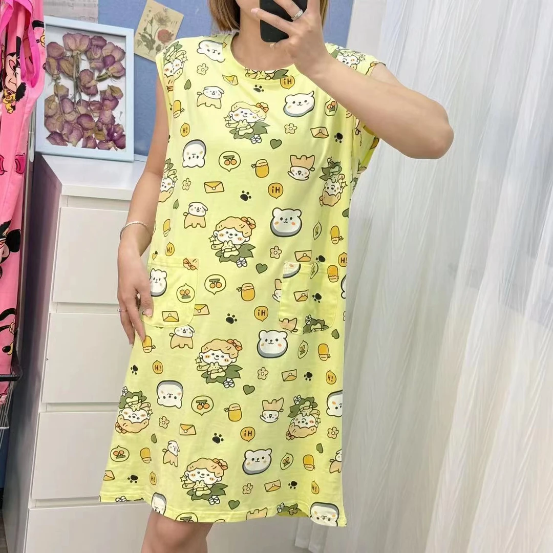 新品包袖中长款睡裙加大时尚休闲宽松裙女韩版圆领卡通印花睡裙