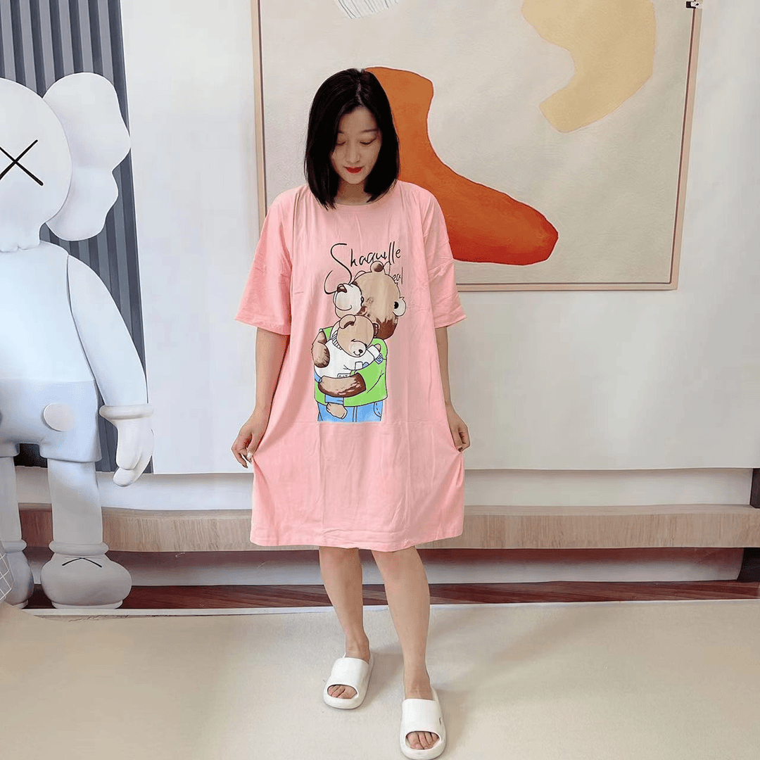 夏季纯棉睡裙卡通熊印花 时尚甜美 宽松中长款圆领大版舒适睡裙