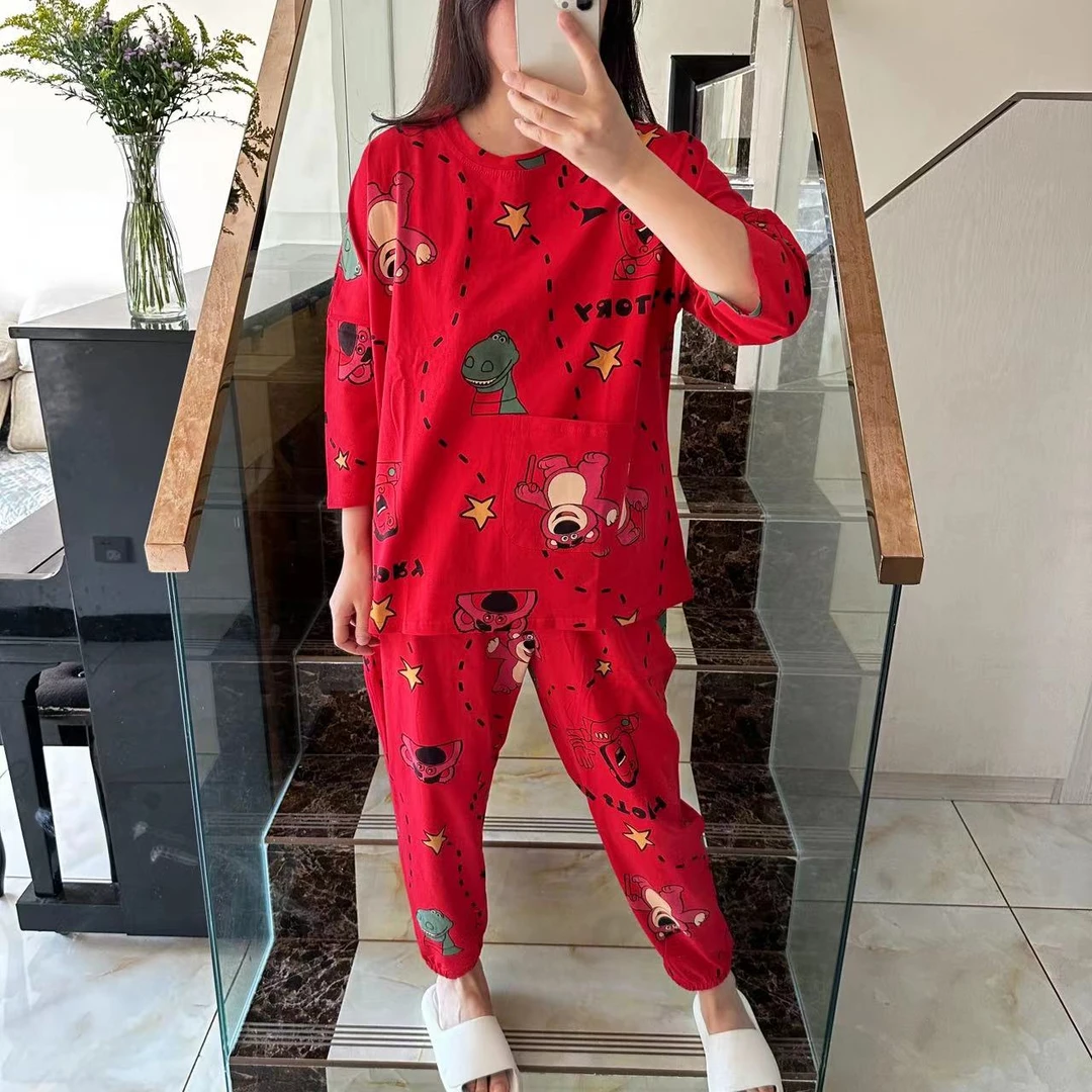 新款休闲大码女士七分袖家居服舒适卡通印花睡衣两件套L