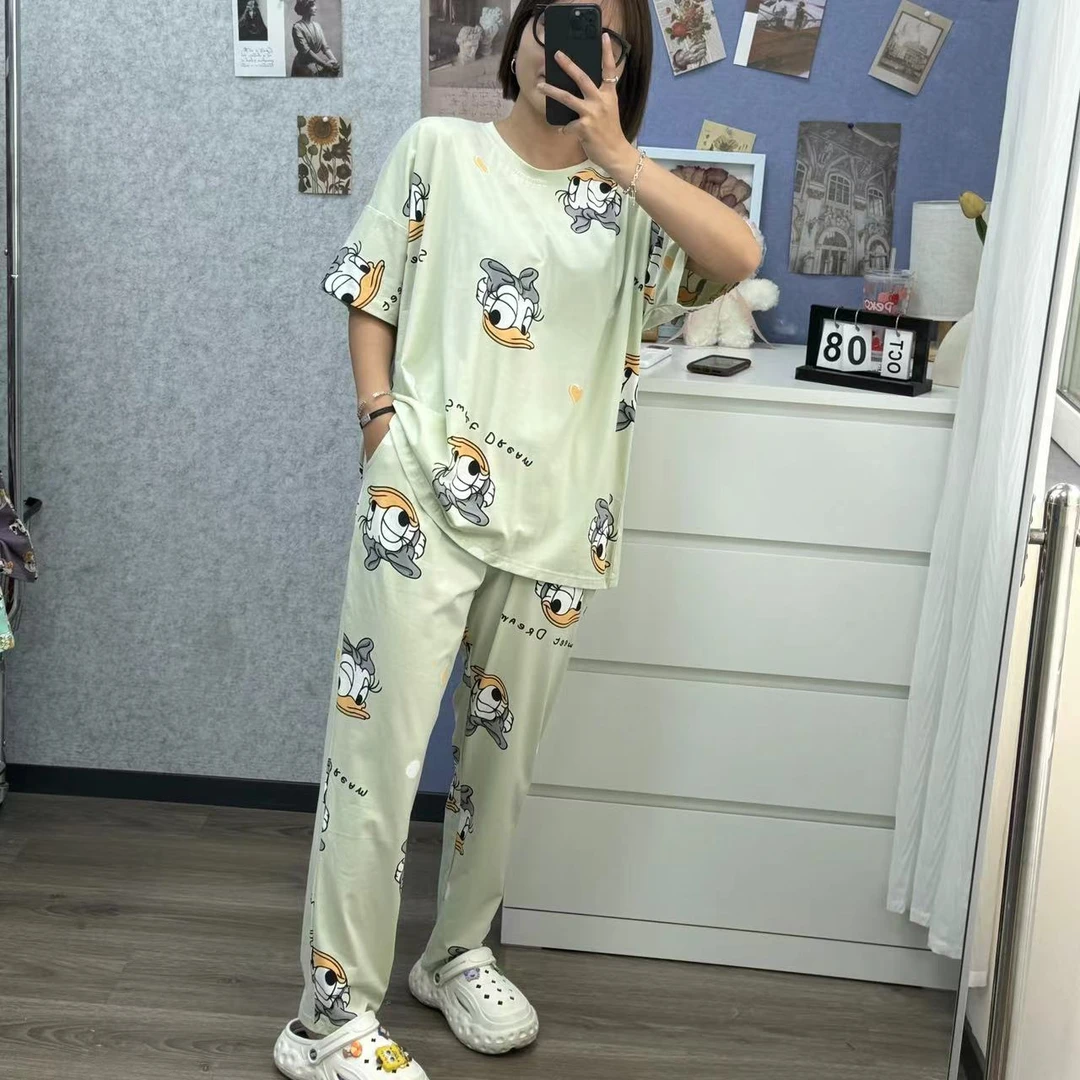 新款加肥加大秋季短长女款睡衣休闲宽松居家卡通圆领家居服散腿裤