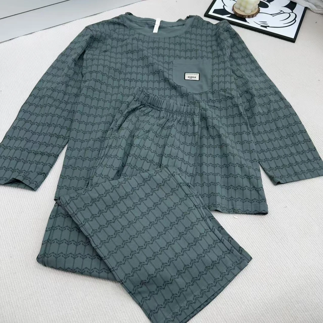 新品满印印花秋冬加肥男士家居服长袖长裤休闲时尚韩版睡衣两件套