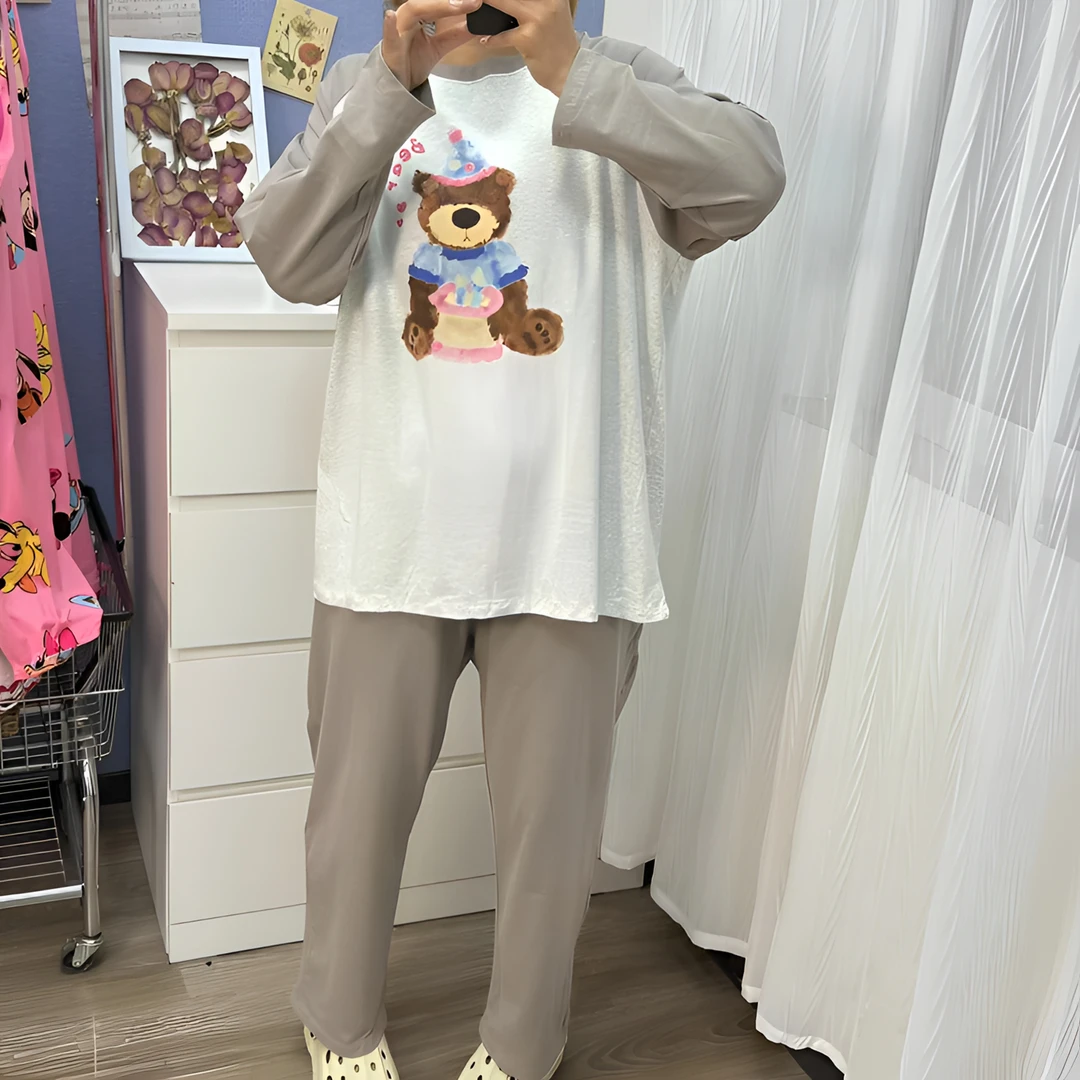 90-160斤早秋长袖长裤睡衣女套装卡通印花插肩袖显瘦遮肉家居服