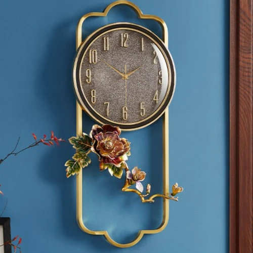 中国风黄铜新中式客厅家用珐琅彩装饰钟表挂钟新中式简约大气静音