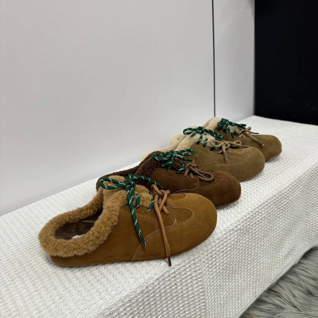 韩版圆头丑萌勃肯鞋女2024秋冬新款真皮软底加绒毛毛鞋包头半拖鞋