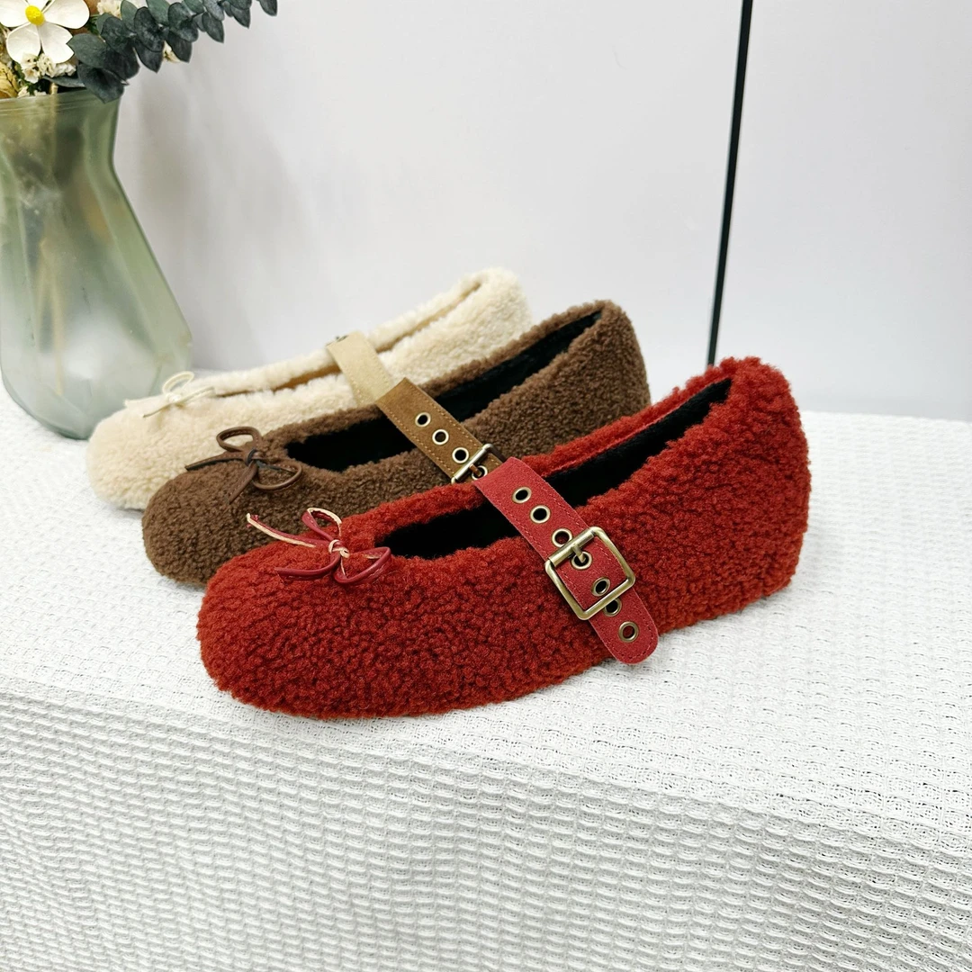 内增高蝴蝶结平底玛丽珍鞋一字扣带羊羔毛毛蟹2024单鞋女芭蕾鞋