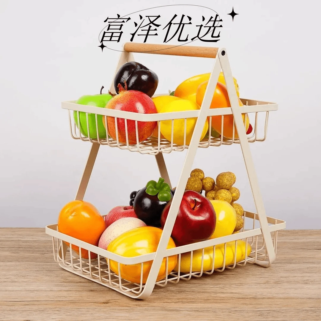 木提手提篮 双层收纳篮 桌面置物篮 零食收纳篮 沥水篮 果蔬篮