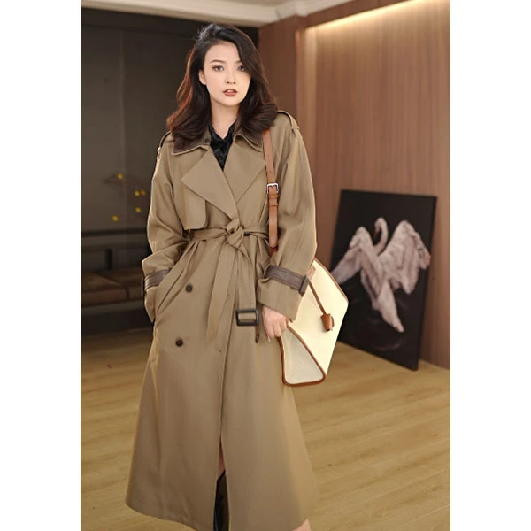 【玫瑰故事】2025时尚气质款拼皮风衣显瘦收腰中长款过膝风衣