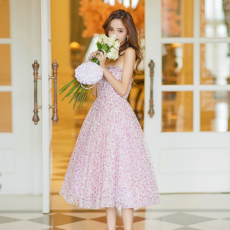 春夏新款手工钻饰抹胸晚礼服蓬蓬裙名媛风粉色碎花网纱生日连衣裙