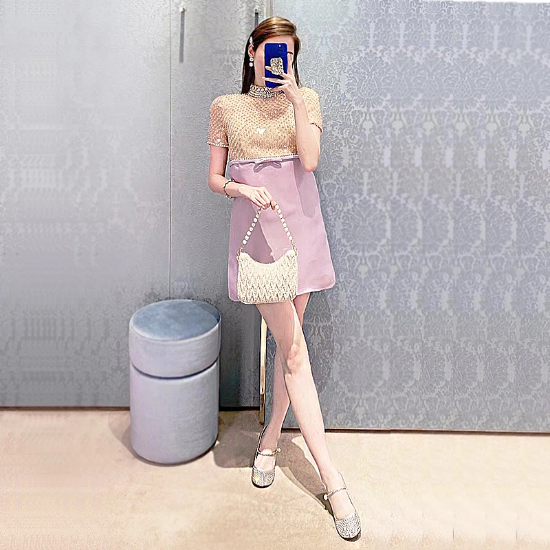 22年夏季法式重工钉珠亮片名媛圆领礼服水钻蝴蝶结短袖甜美连衣裙